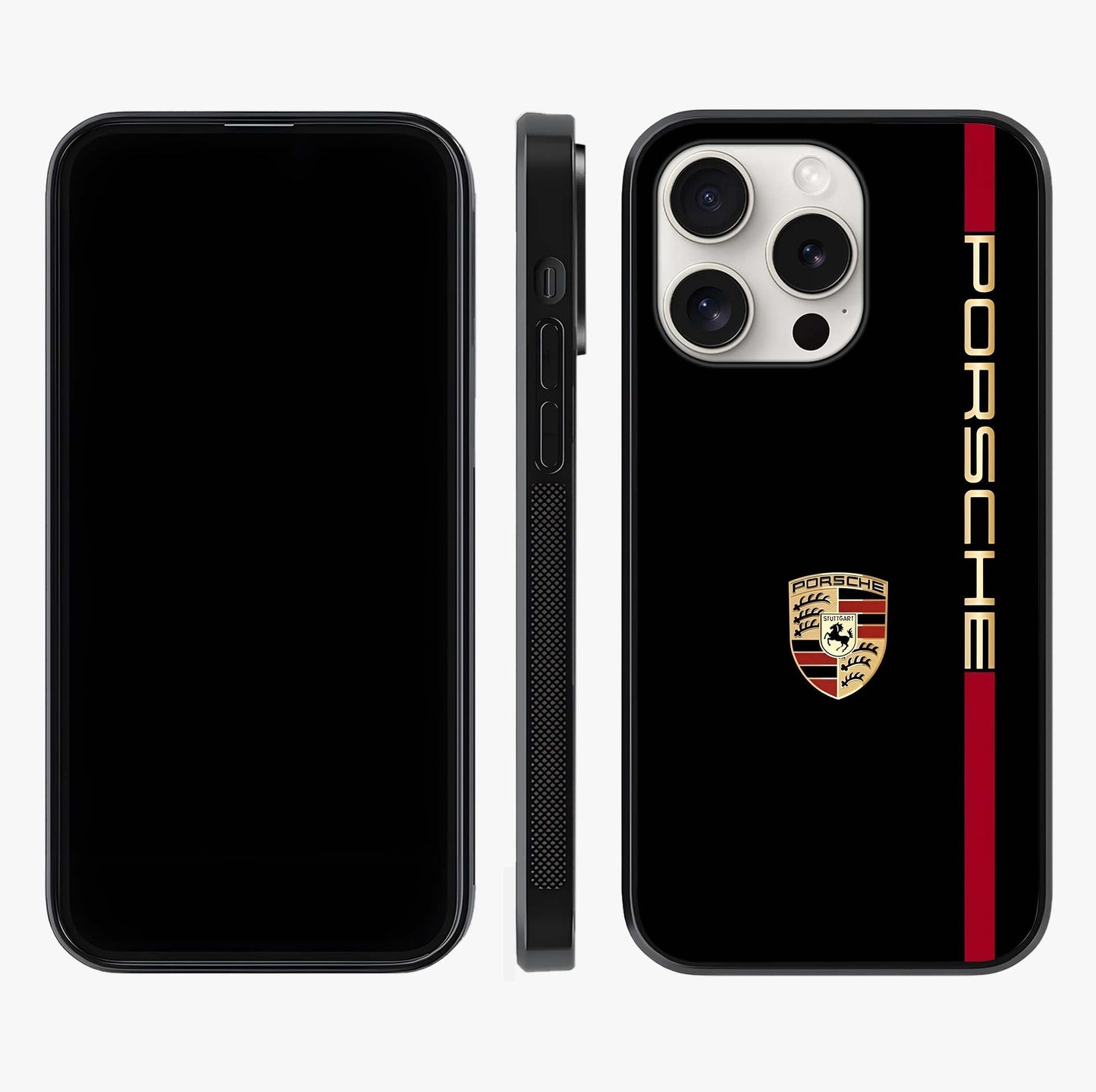 Black Minimal Porsche Glass Case displayed upright for full design visibility and premium finish.