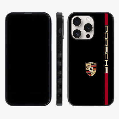 Black Minimal Porsche Glass Case displayed upright for full design visibility and premium finish.