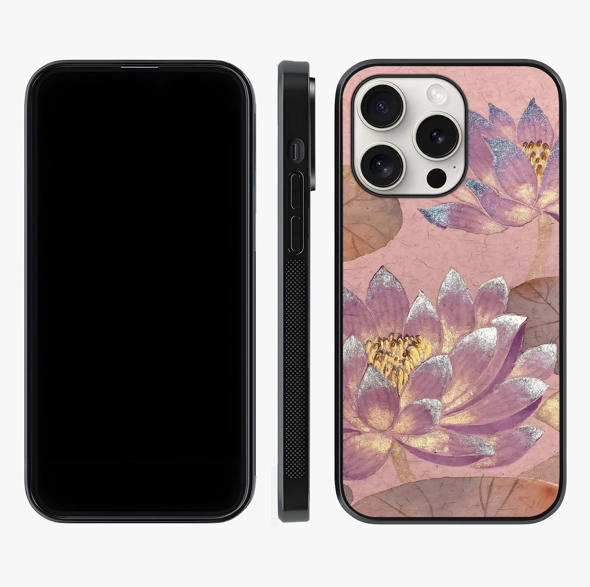 Blossom Mist Lotus Glass Case displayed upright for full design visibility and premium finish.