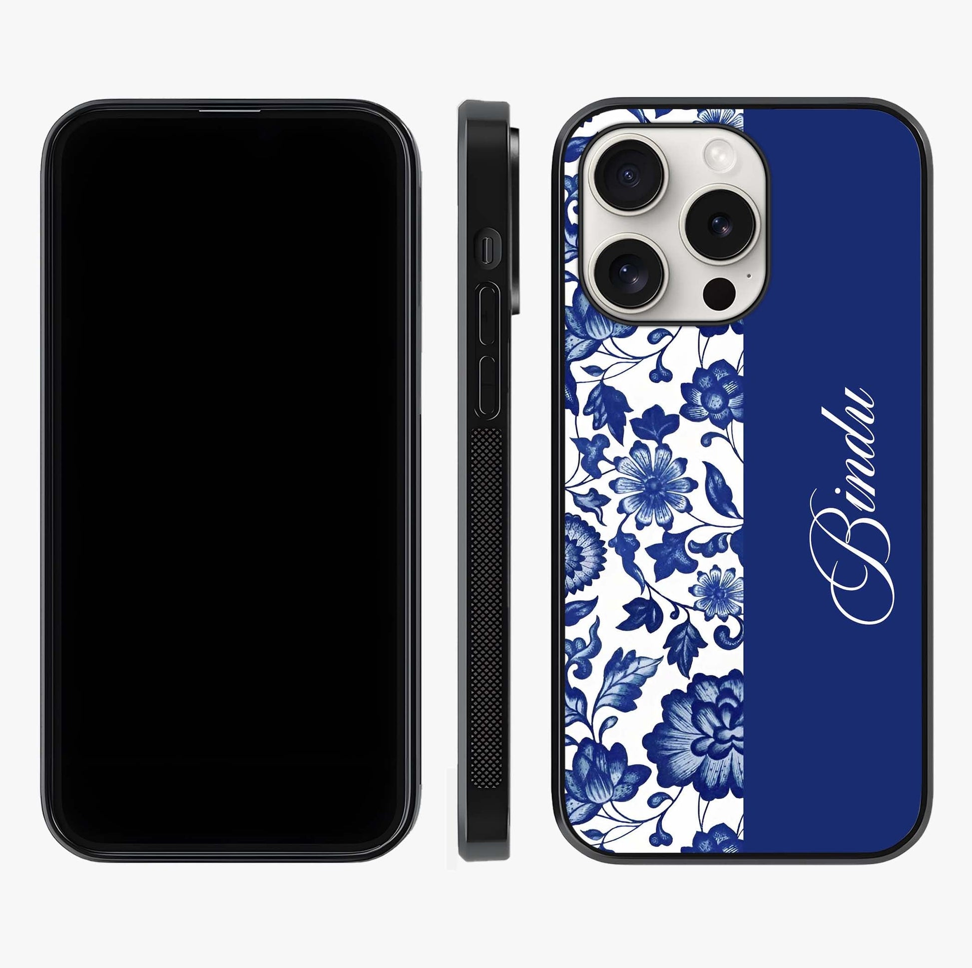 Blue Vintage Floral Pattern Glass Case displayed upright for full design visibility and premium finish.