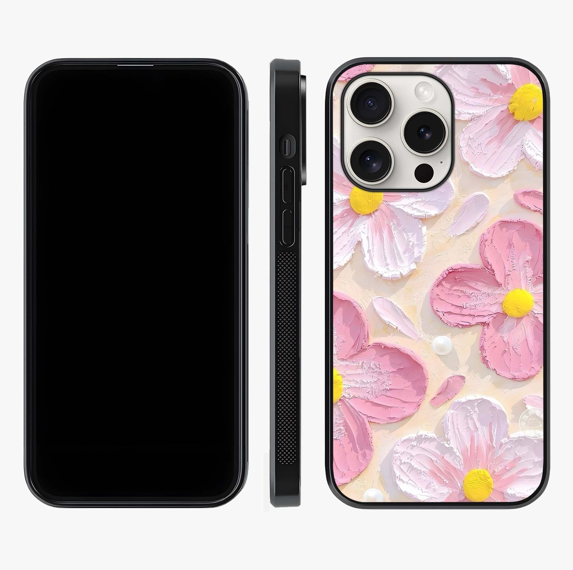 Blush Bloom Texture Glass Case displayed upright for full design visibility and premium finish.