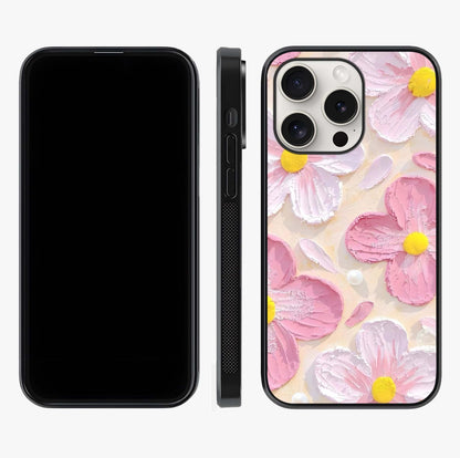 Blush Bloom Texture Glass Case displayed upright for full design visibility and premium finish.
