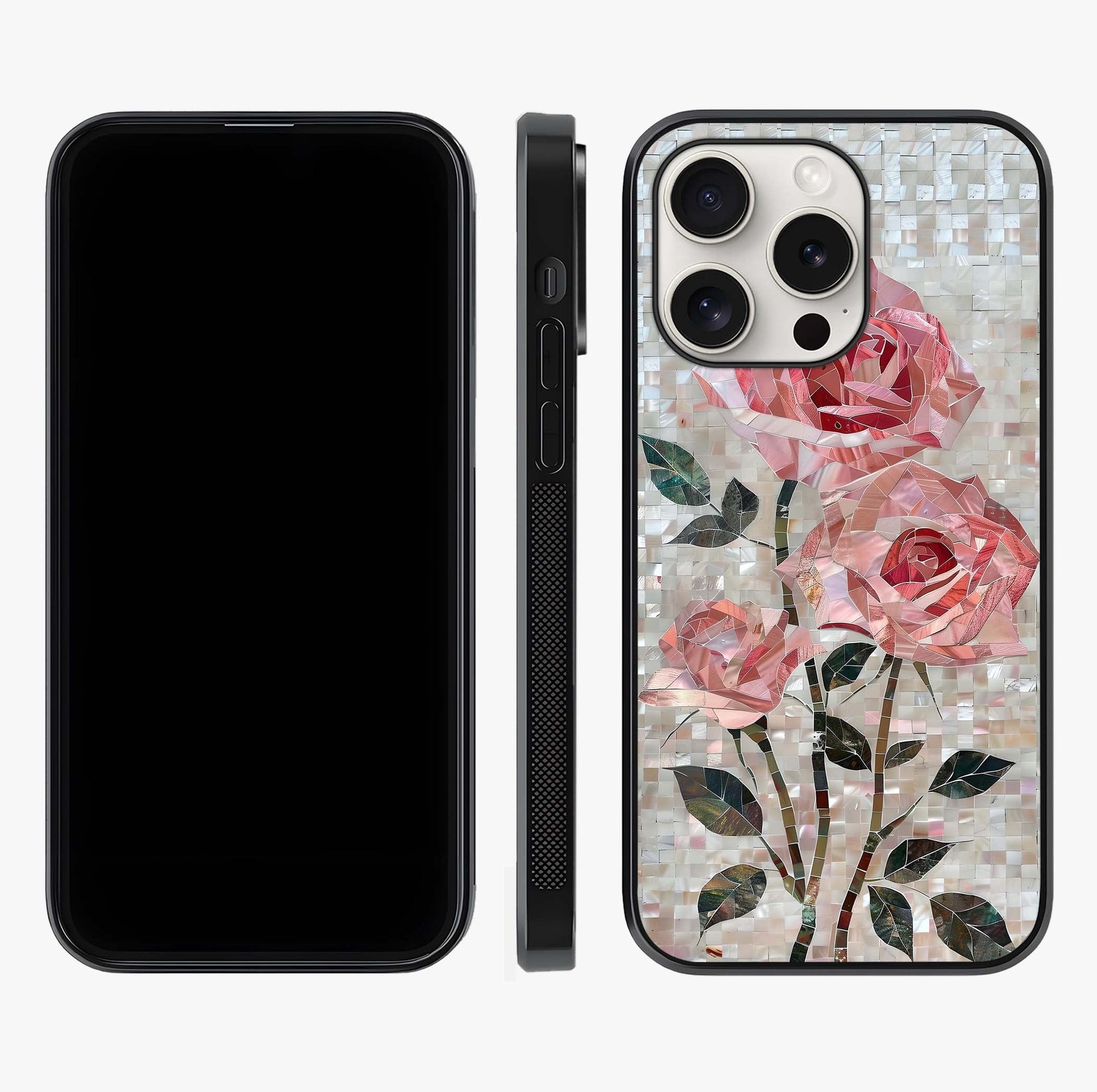 Blush Mosaic Bloom Glass Case displayed upright for full design visibility and premium finish.