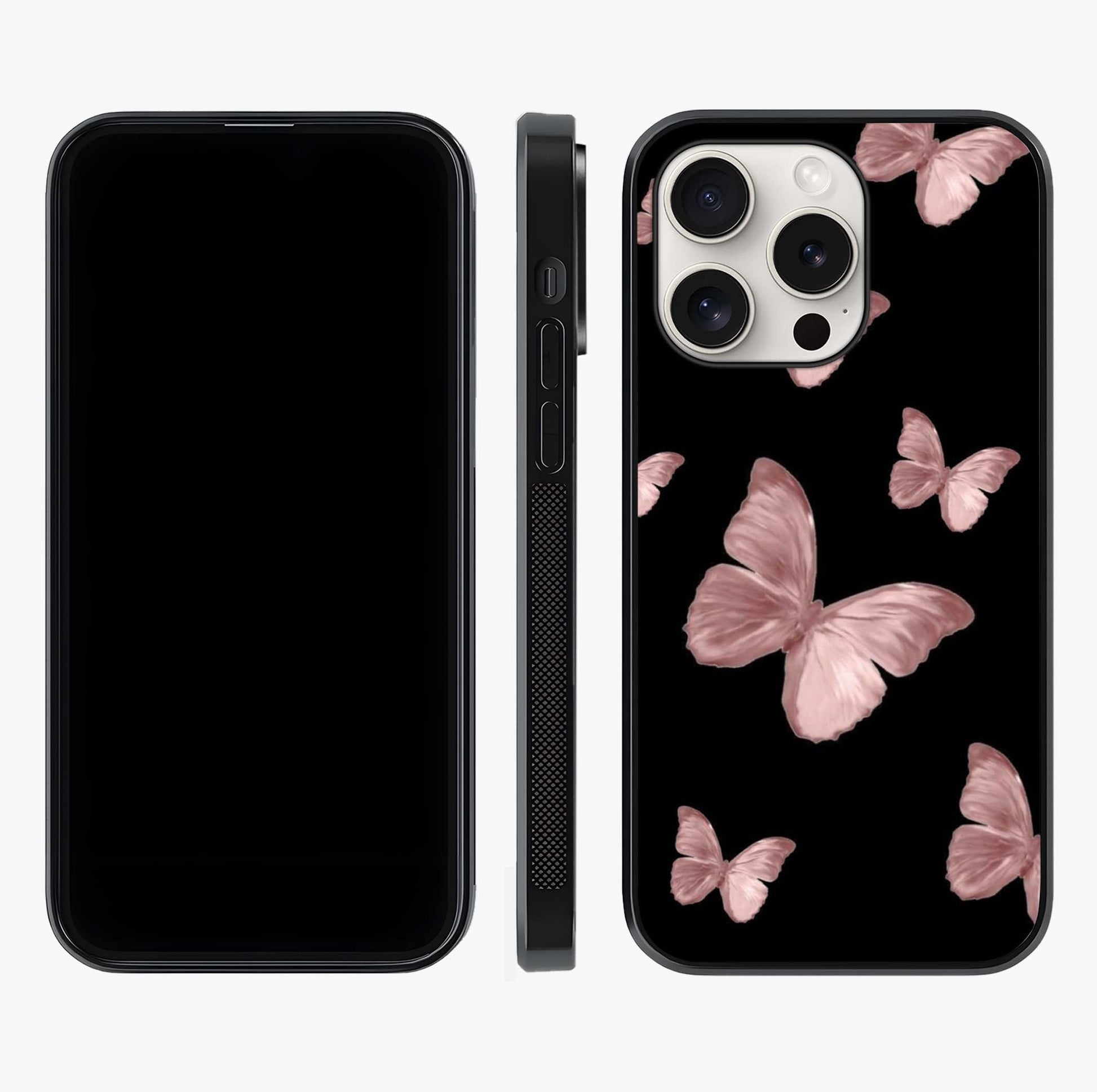 Butterfly Pattern Glass Case displayed upright for full design visibility and premium finish.