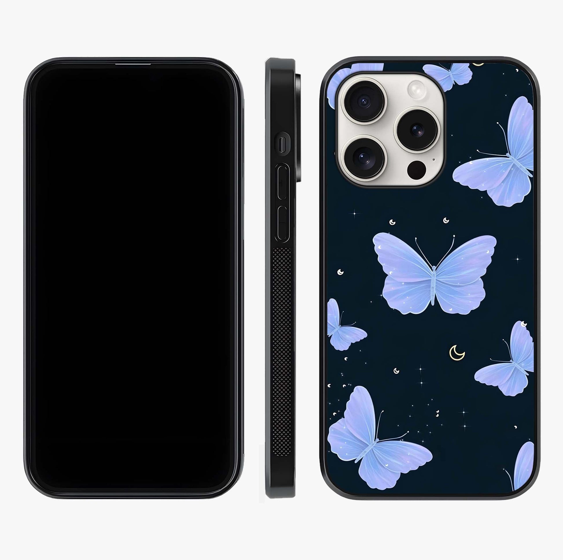 Butterfly With Stars Pattern Glass Case displayed upright for full design visibility and premium finish.