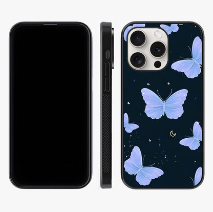 Butterfly With Stars Pattern Glass Case displayed upright for full design visibility and premium finish.