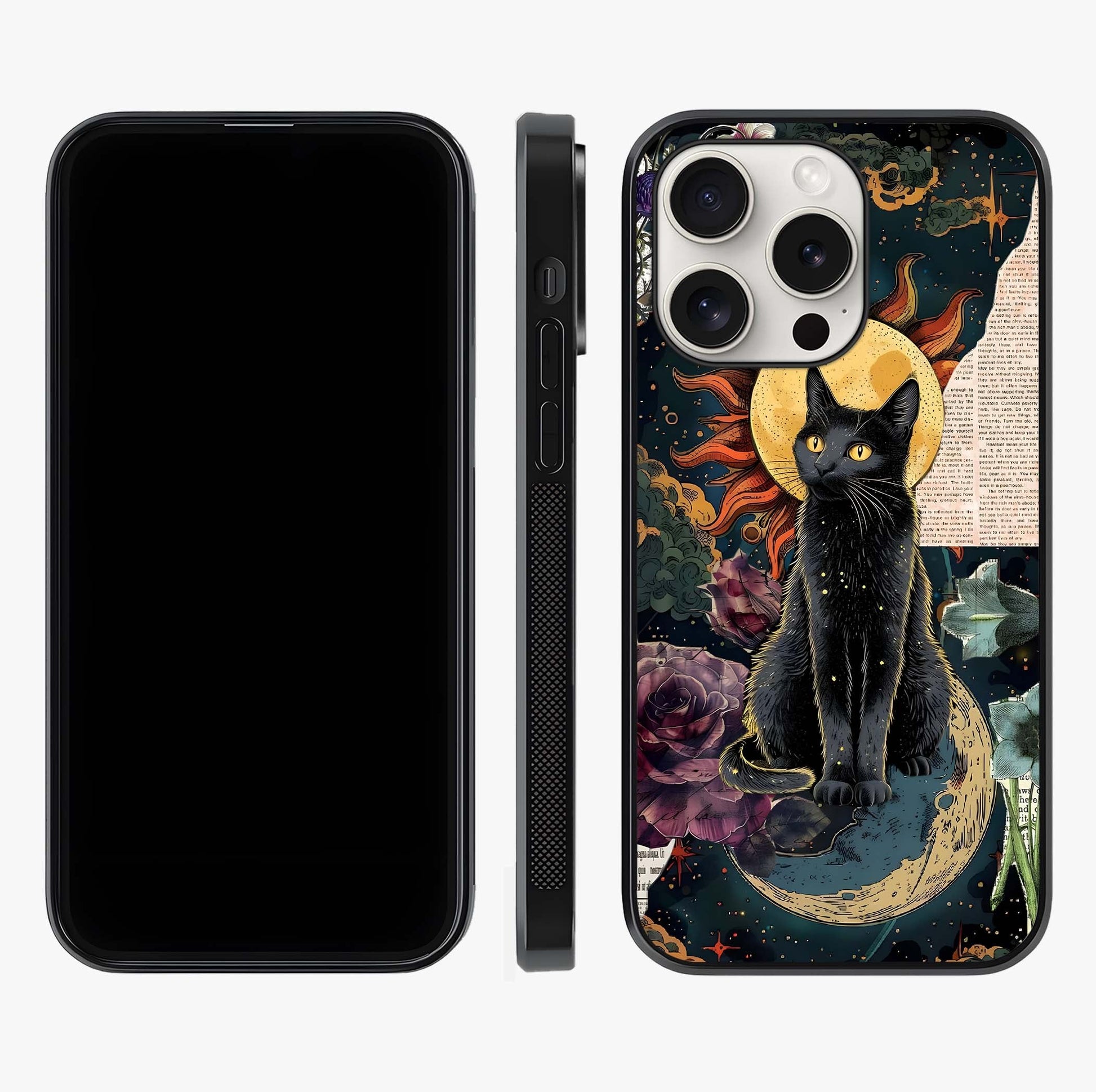 Celestial Black Cat Glass Case displayed upright for full design visibility and premium finish.
