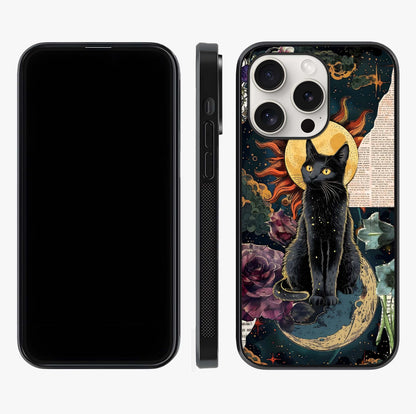 Celestial Black Cat Glass Case displayed upright for full design visibility and premium finish.