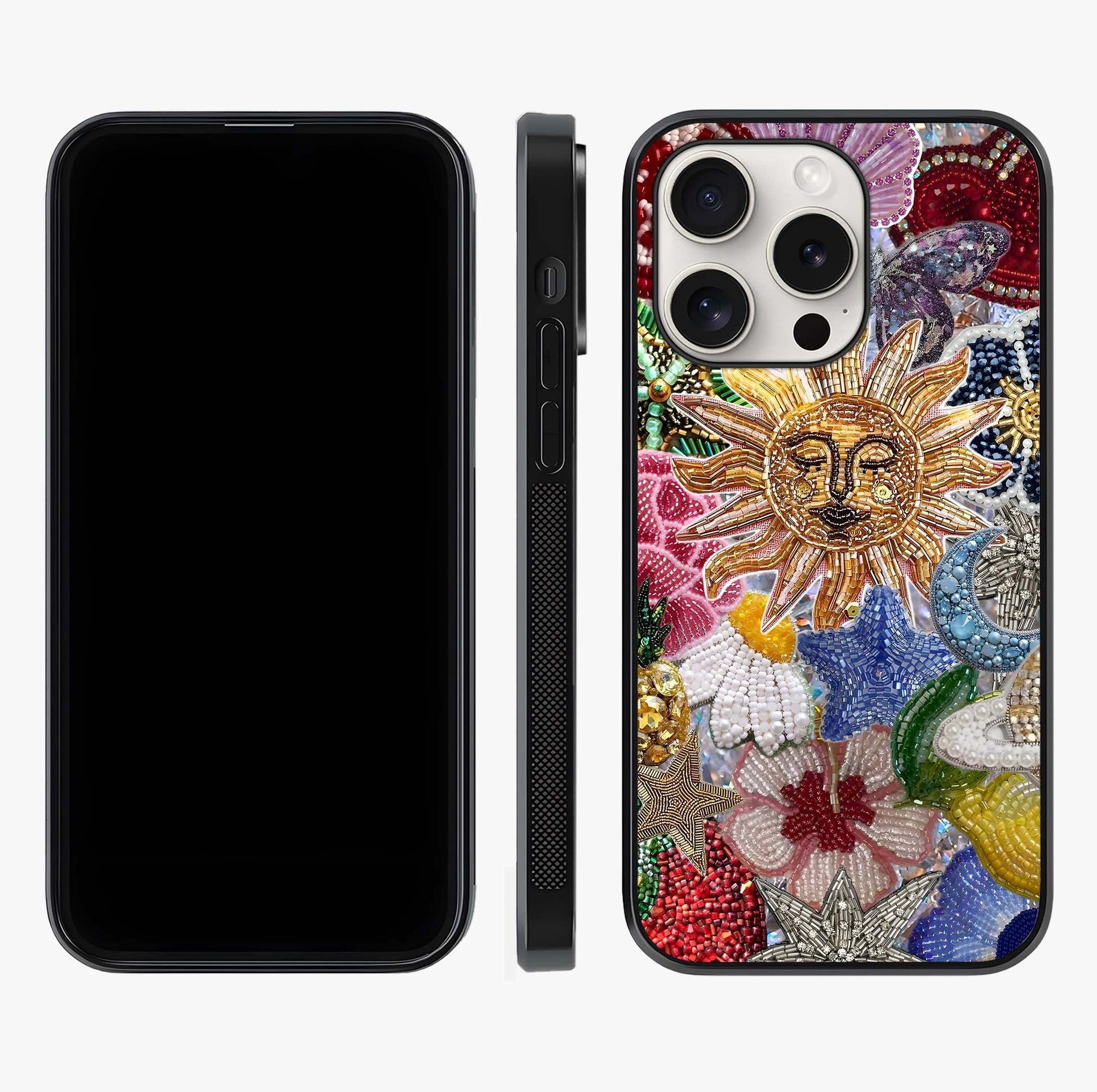 Celestial Floral And Playful Glass Case displayed upright for full design visibility and premium finish.