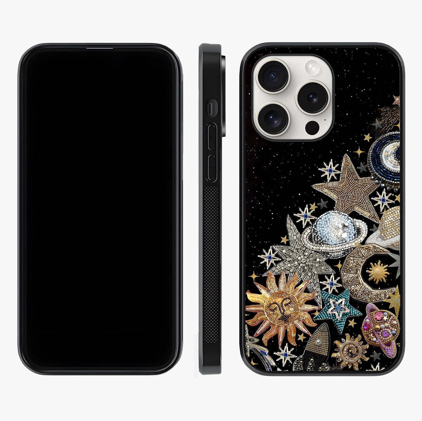 Cosmic Sparkle Dreams Glass Case displayed upright for full design visibility and premium finish.