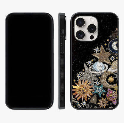 Cosmic Sparkle Dreams Glass Case displayed upright for full design visibility and premium finish.