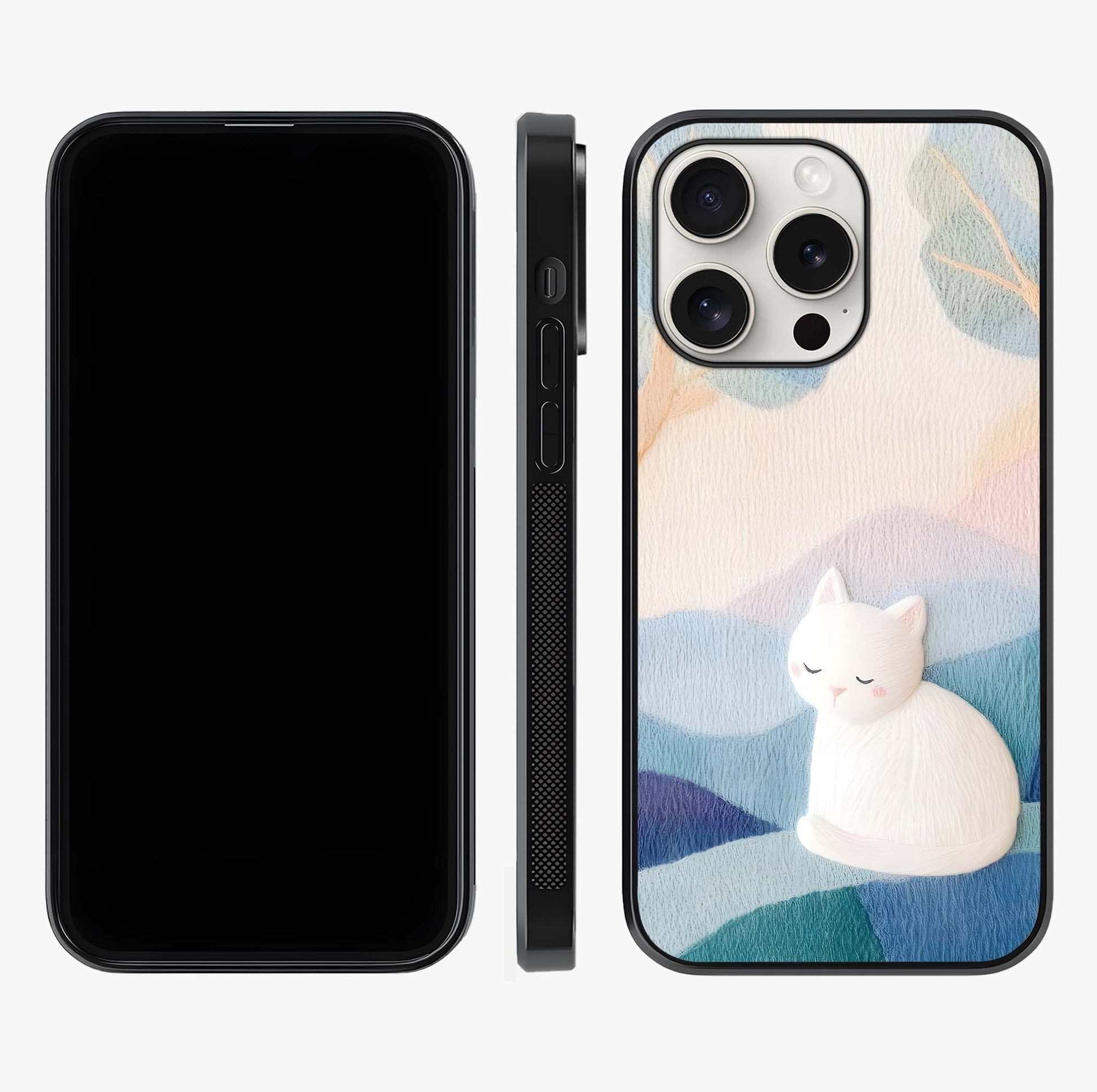 Cotton Dream Cat Glass Case displayed upright for full design visibility and premium finish.