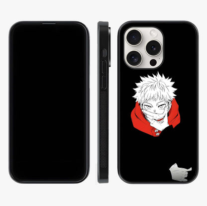 Crimson Chaos Smile Glass Case displayed upright for full design visibility and premium finish.