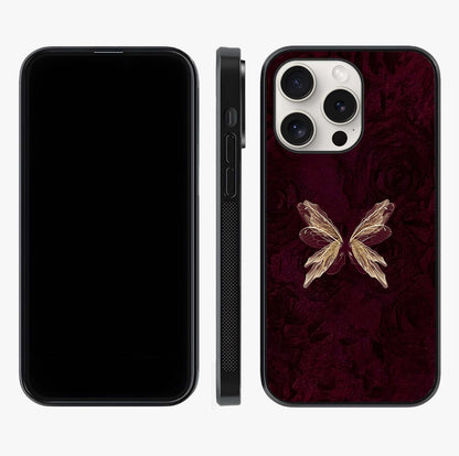 Crimson Fade Butterfly Glass Case displayed upright for full design visibility and premium finish.