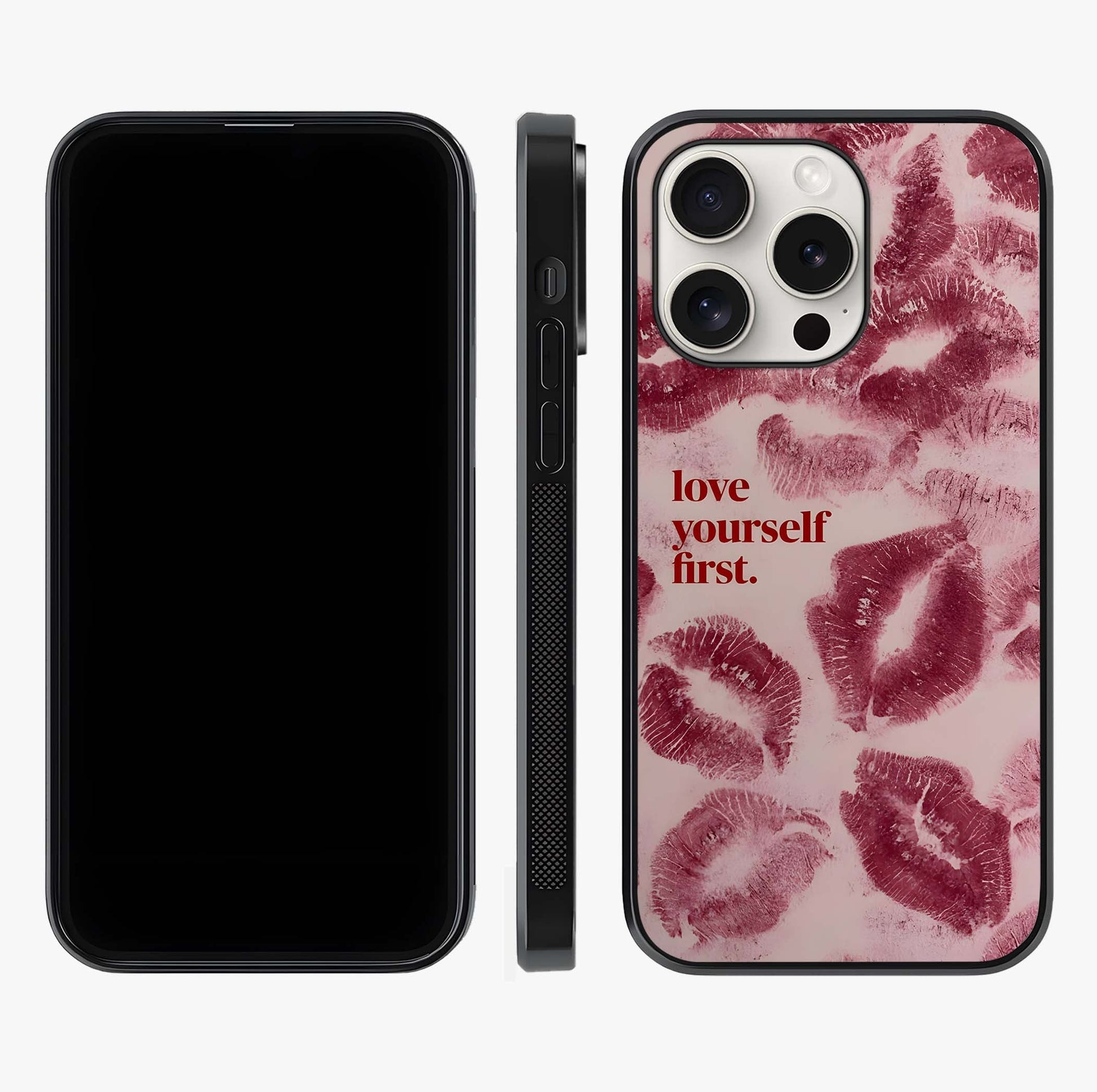 Crimson Kiss Love Glass Case displayed upright for full design visibility and premium finish.