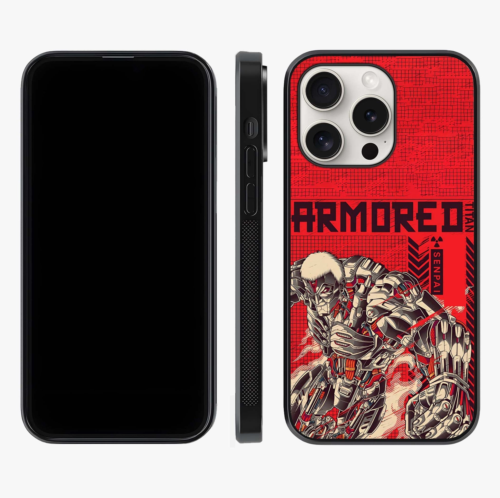 Crimson Mecha Titan Glass Case displayed upright for full design visibility and premium finish.