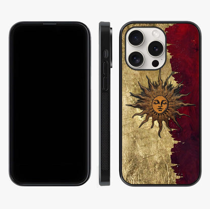 Crimson Sun Majesty Glass Case displayed upright for full design visibility and premium finish.