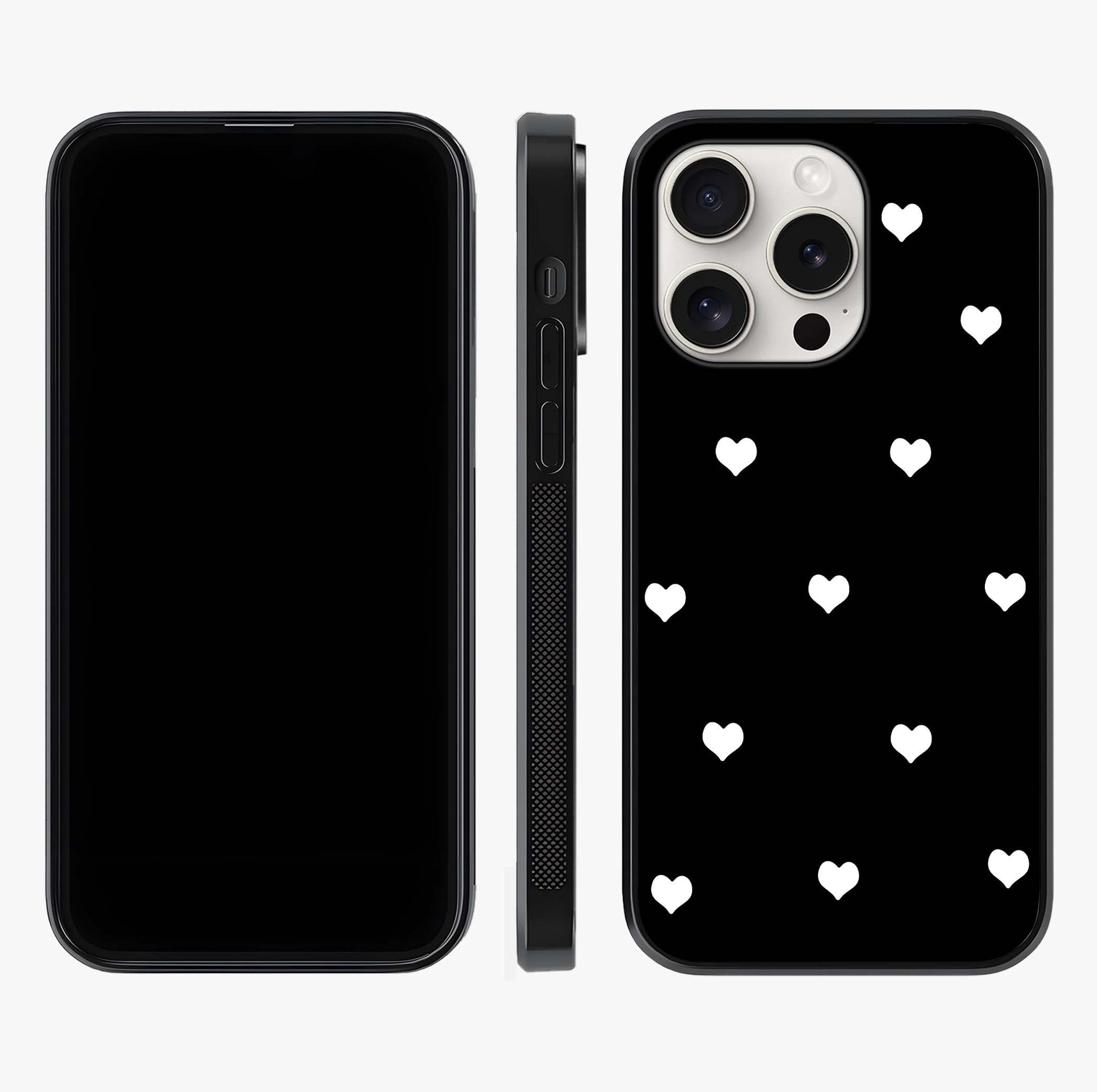 Cute And Simple White Hearts Glass Case displayed upright for full design visibility and premium finish.