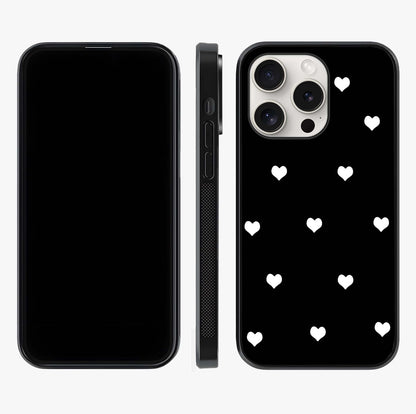 Cute And Simple White Hearts Glass Case displayed upright for full design visibility and premium finish.