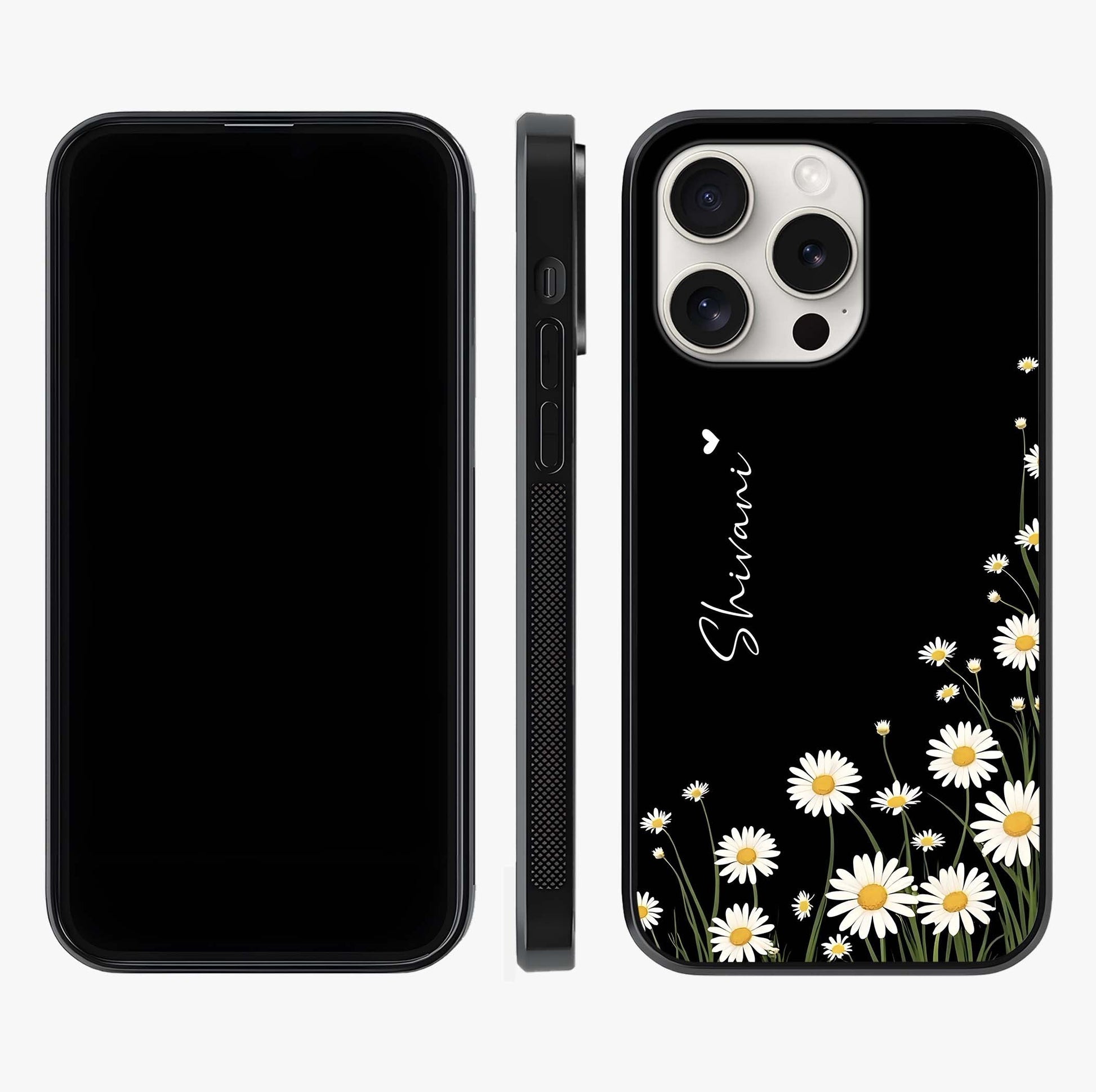 Daisy Cascade Custom Name Glass Case displayed upright for full design visibility and premium finish.