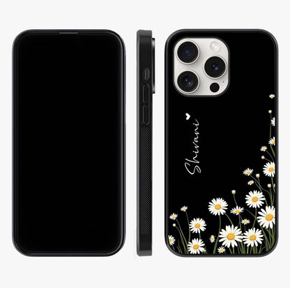 Daisy Cascade Custom Name Glass Case displayed upright for full design visibility and premium finish.