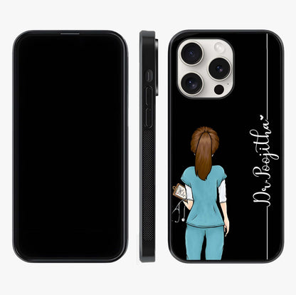 Doctor Pattern Custom Name Glass Case displayed upright for full design visibility and premium finish.