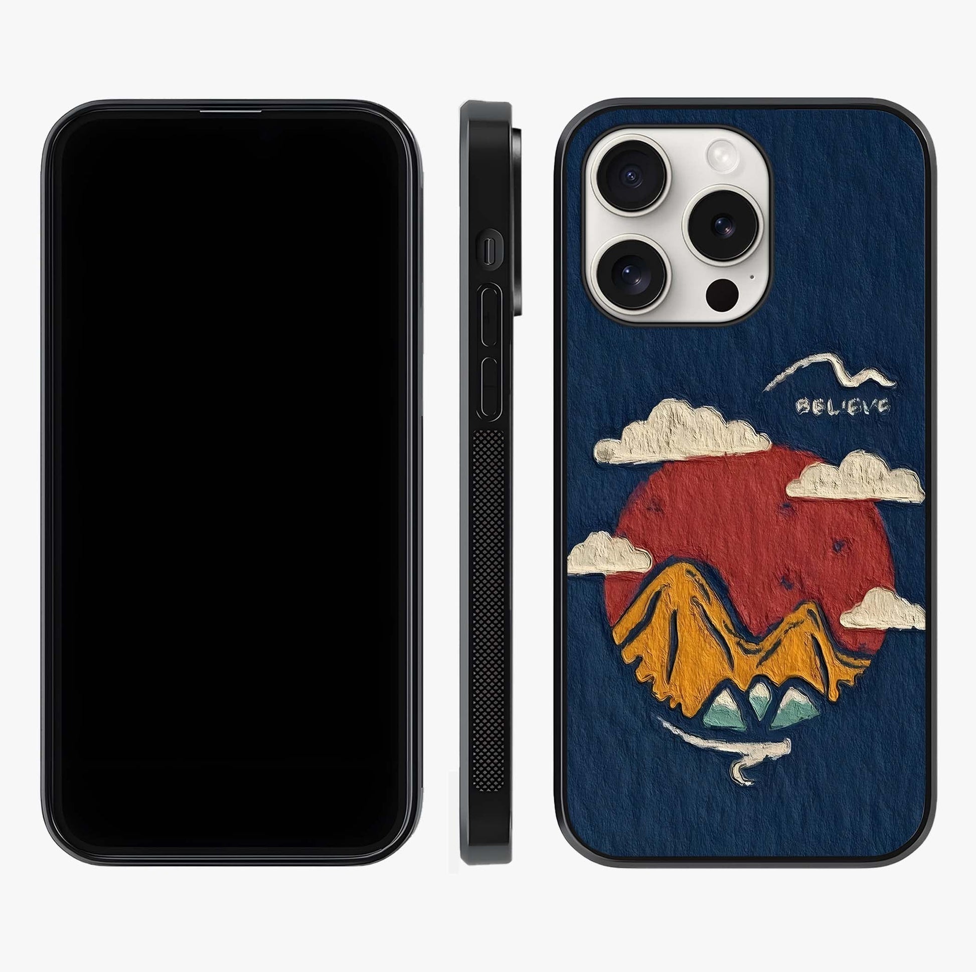 Dream Beyond Mountains Glass Case displayed upright for full design visibility and premium finish.