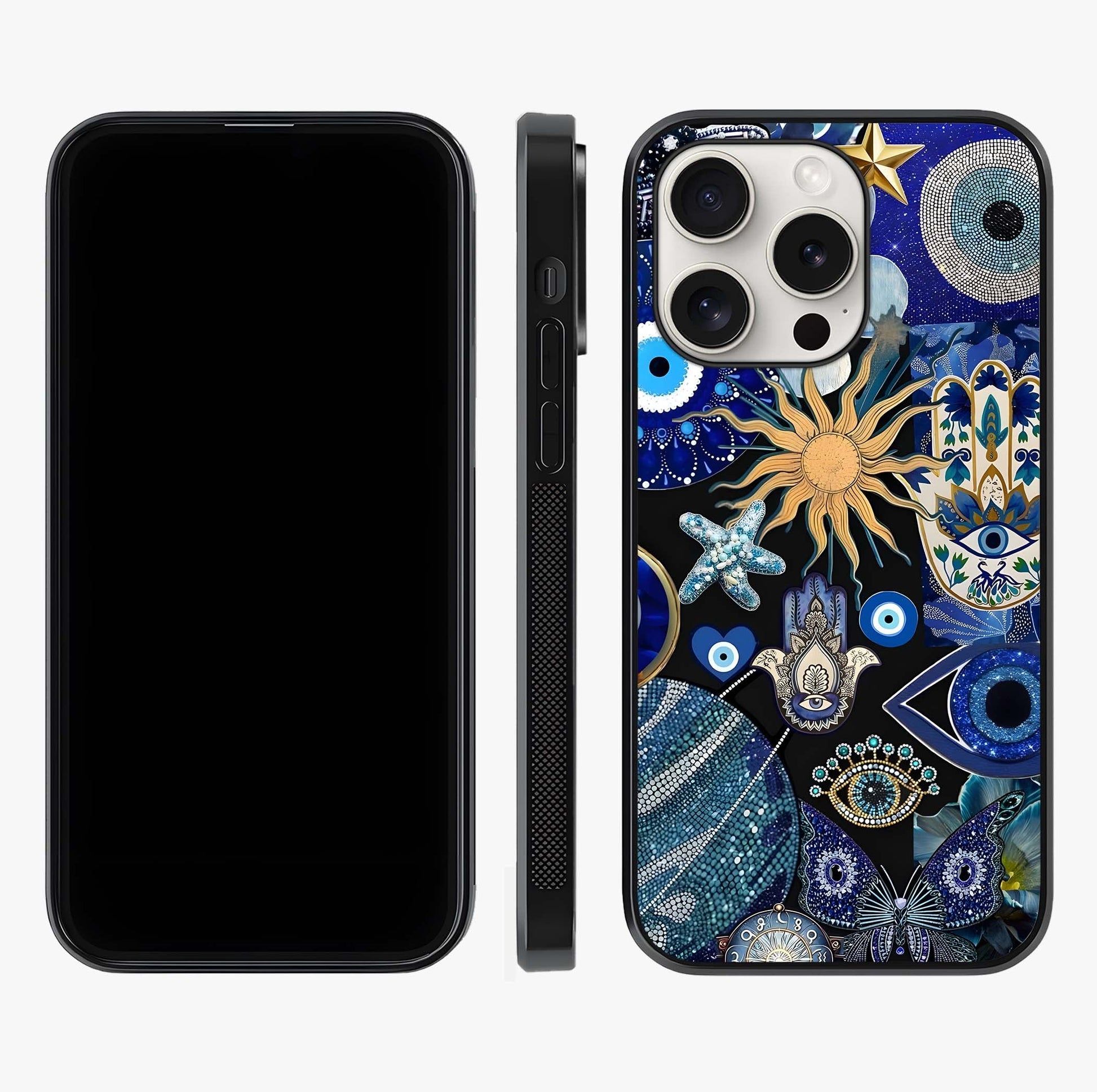 Evil Eye Charm Mix Glass Case displayed upright for full design visibility and premium finish.