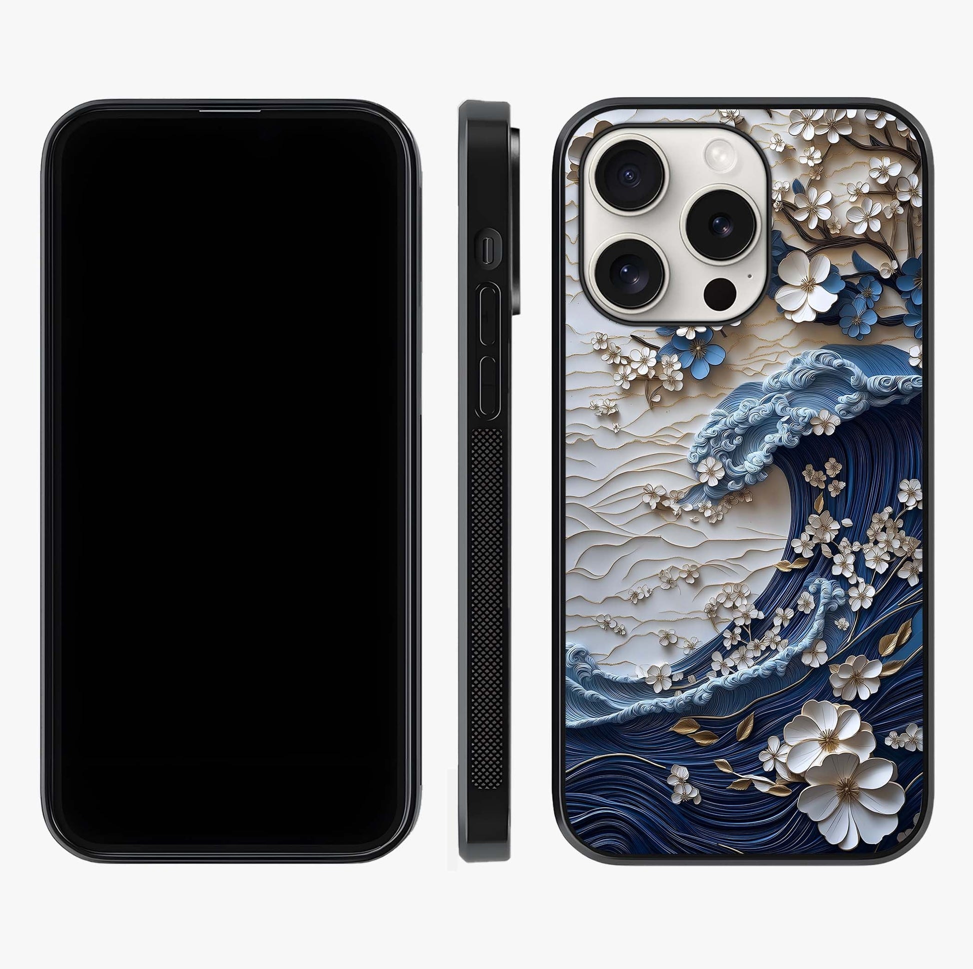 Floral Wave Origami Glass Case displayed upright for full design visibility and premium finish.