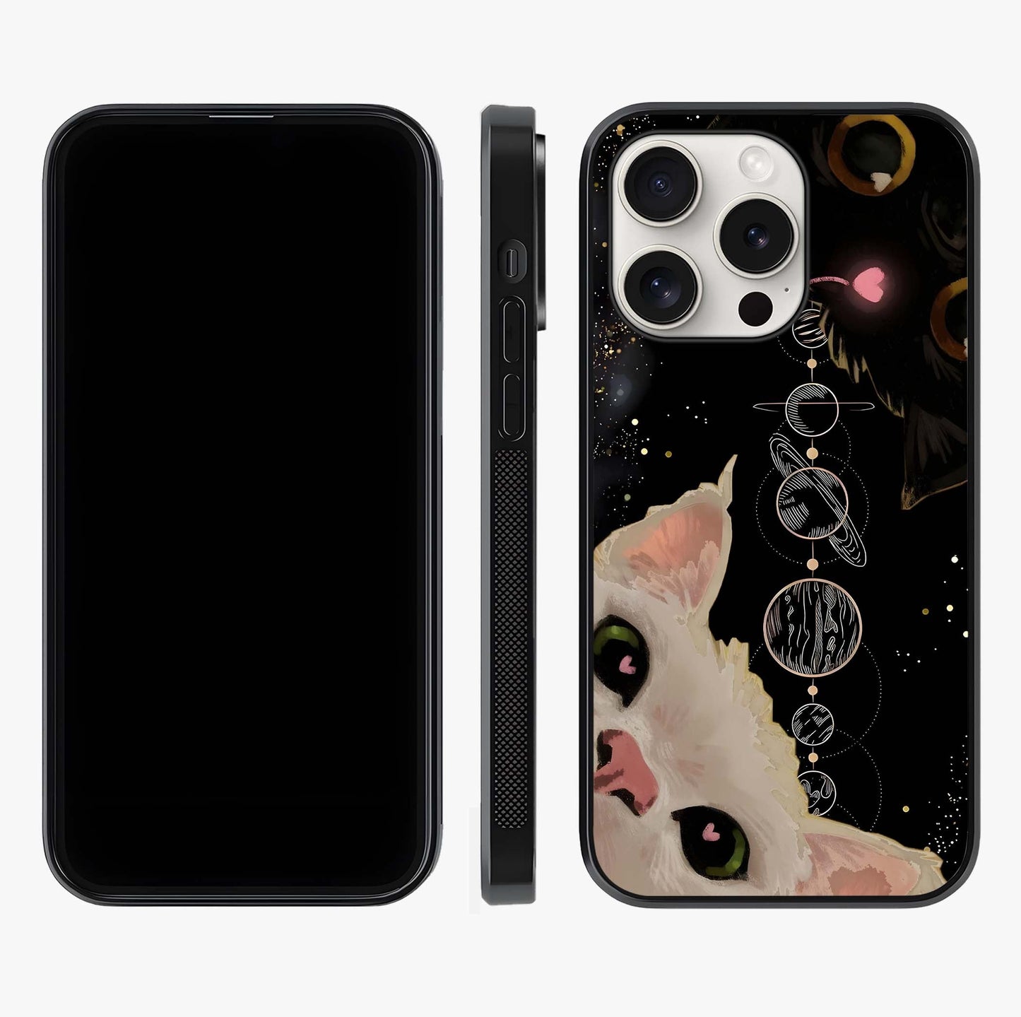 Galactic Cat Glass Case displayed upright for full design visibility and premium finish.