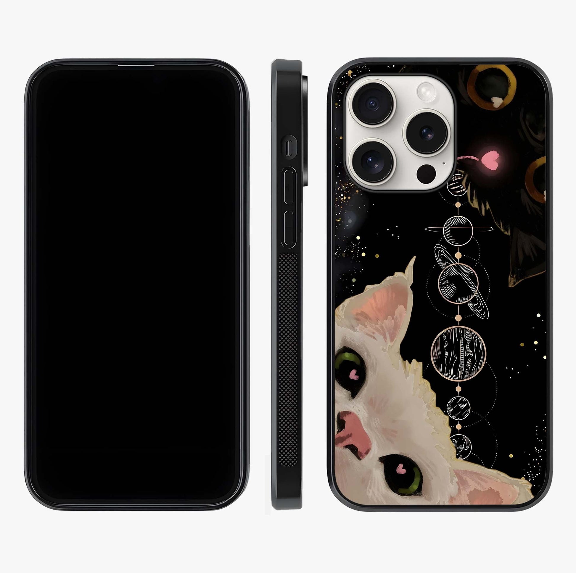 Galactic Cat Glass Case displayed upright for full design visibility and premium finish.