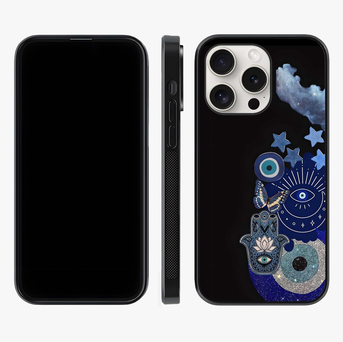 Galactic Charm Cluster Glass Case displayed upright for full design visibility and premium finish.