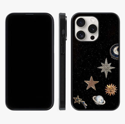 Galactic Charm Glow Glass Case displayed upright for full design visibility and premium finish.