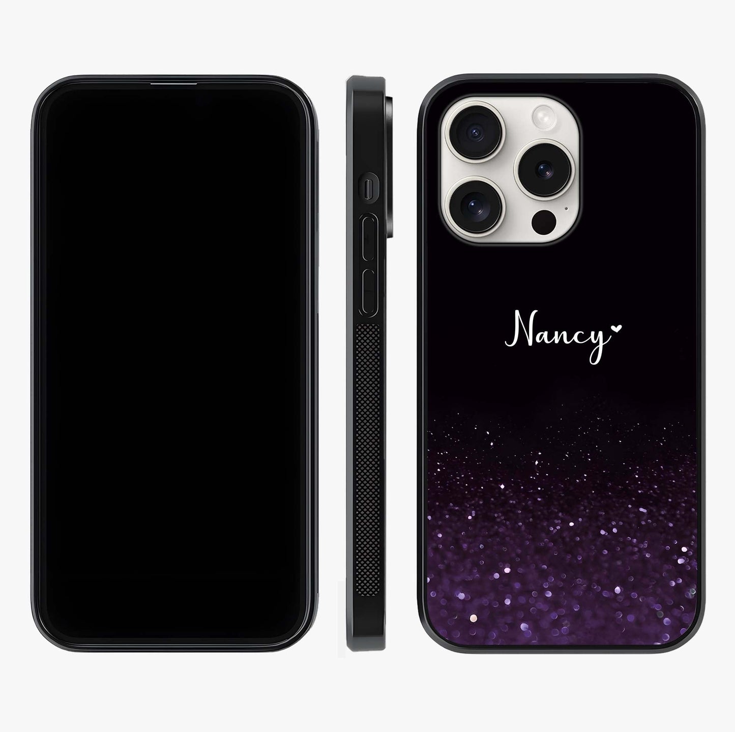Glittery Purple Bokeh Custom Name Glass Case displayed upright for full design visibility and premium finish.