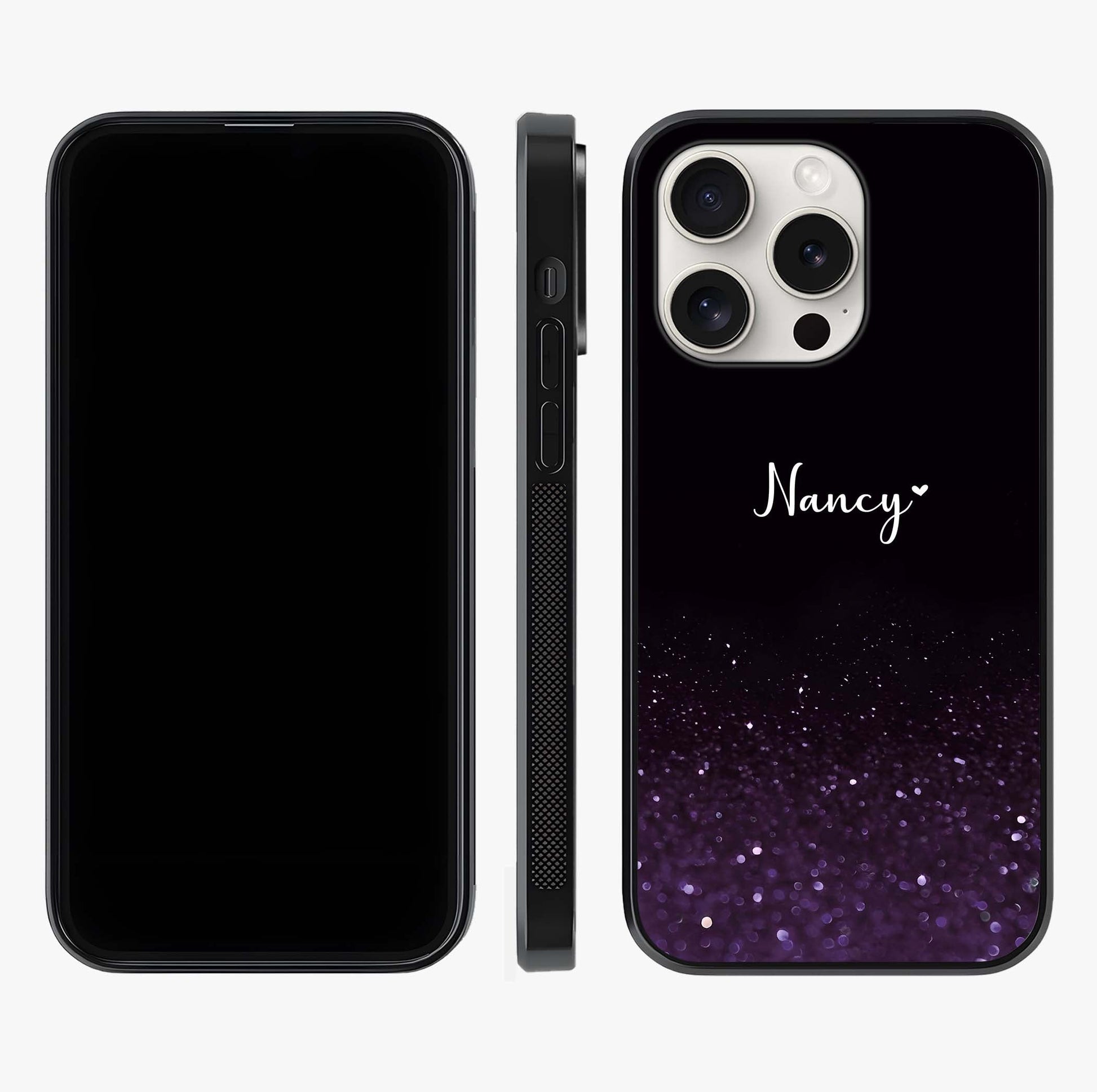 Glittery Purple Bokeh Custom Name Glass Case displayed upright for full design visibility and premium finish.