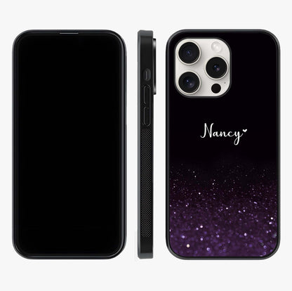 Glittery Purple Bokeh Custom Name Glass Case displayed upright for full design visibility and premium finish.