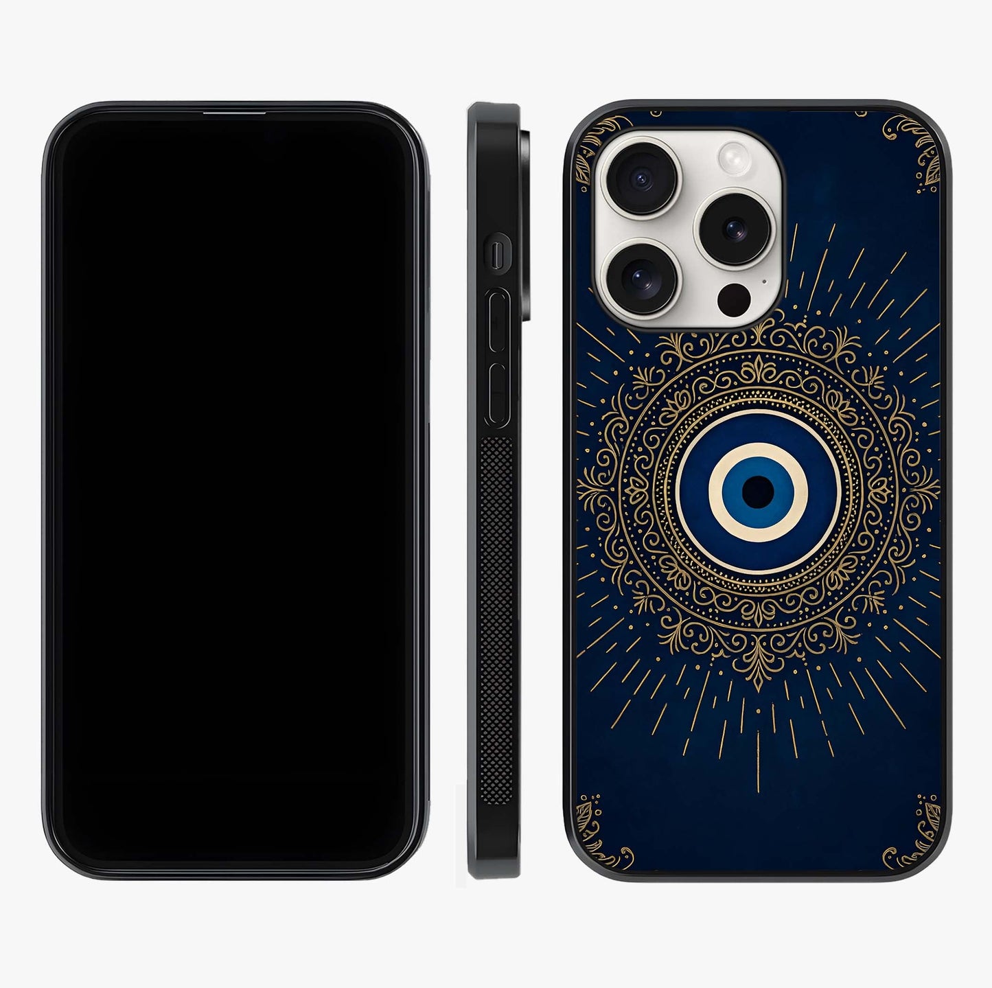 Golden Evil Eye Mandala Glass Case displayed upright for full design visibility and premium finish.