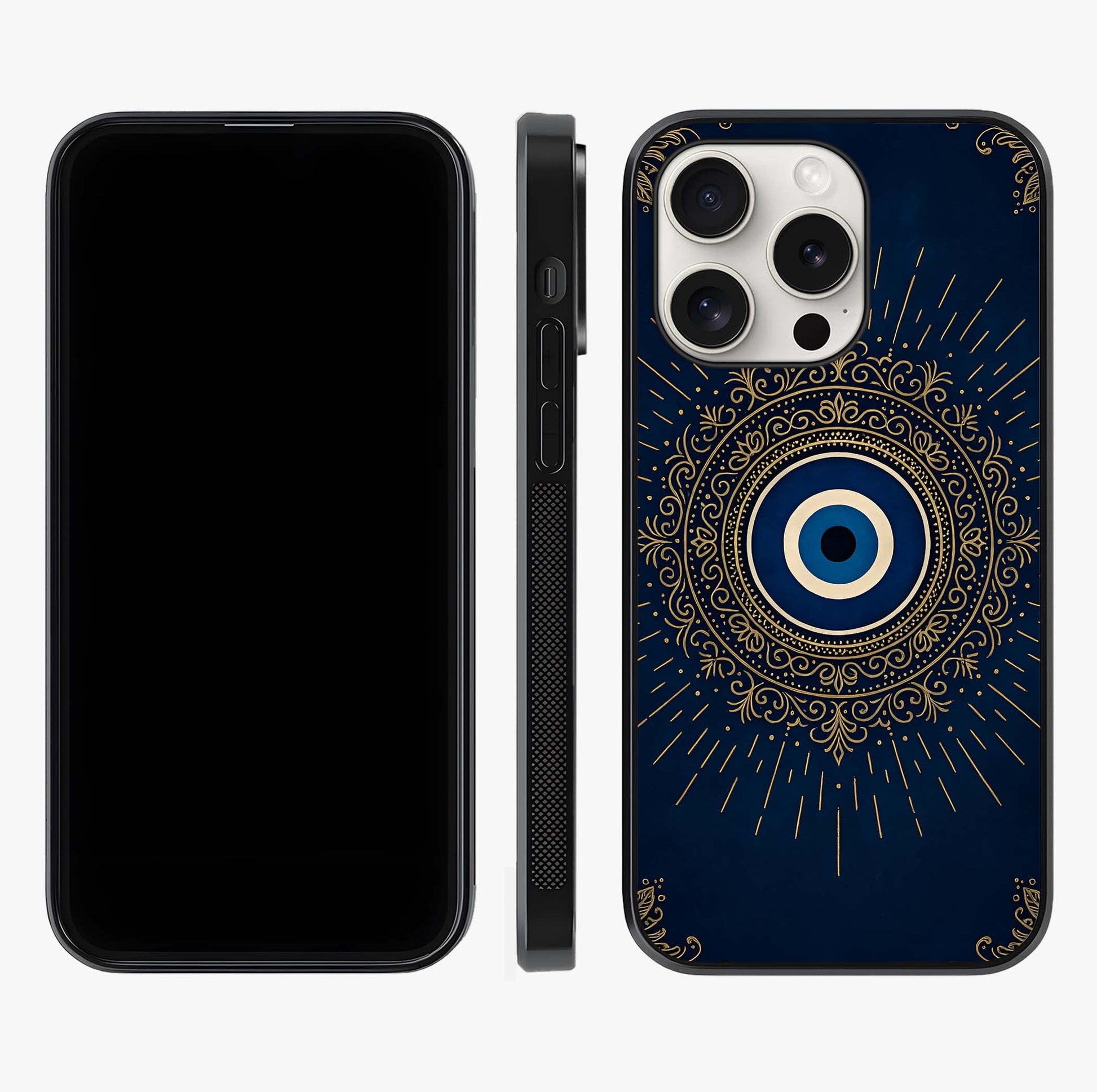 Golden Evil Eye Mandala Glass Case displayed upright for full design visibility and premium finish.