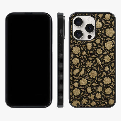Golden Floral Majesty Glass Case displayed upright for full design visibility and premium finish.