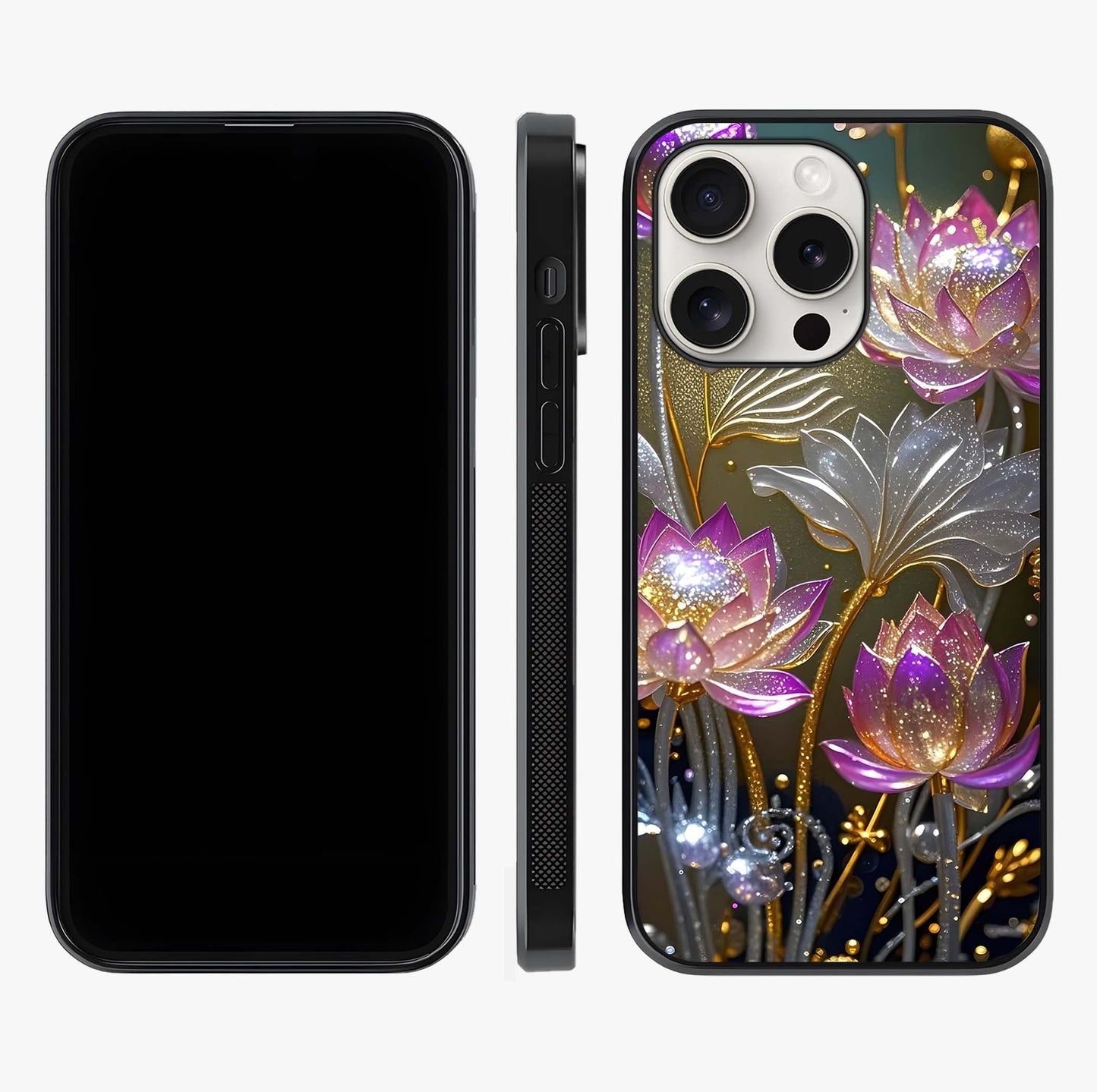 Golden Lotus Glow Glass Case displayed upright for full design visibility and premium finish.