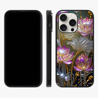 Golden Lotus Glow Glass Case displayed upright for full design visibility and premium finish.