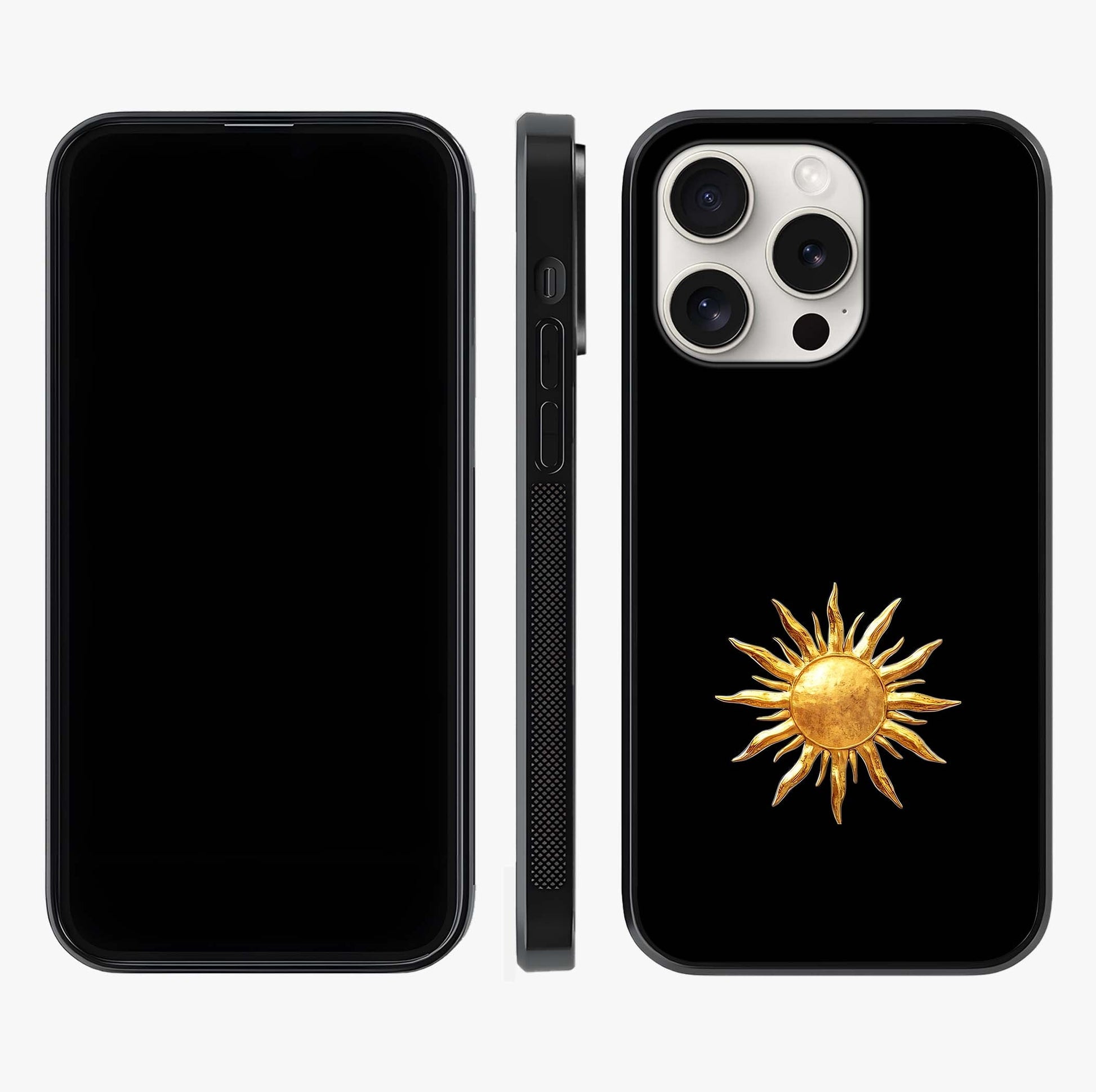 Golden Sun Minimalism Glass Case displayed upright for full design visibility and premium finish.