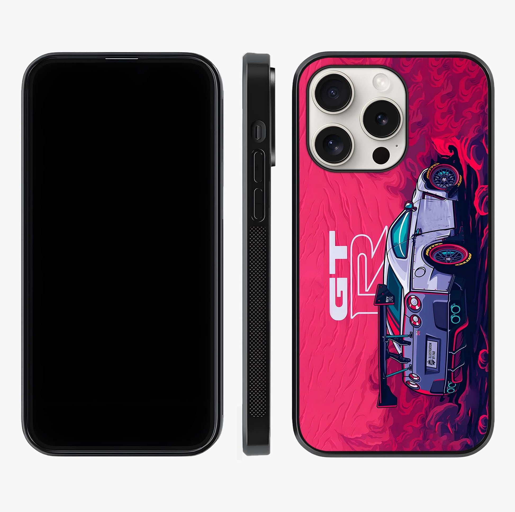 GT R Car Pattern Glass Case displayed upright for full design visibility and premium finish.