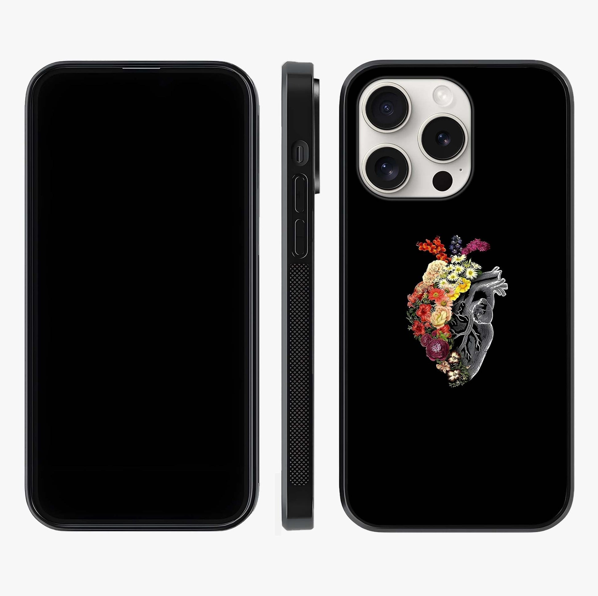 Heart With Flowers Glass Case displayed upright for full design visibility and premium finish.