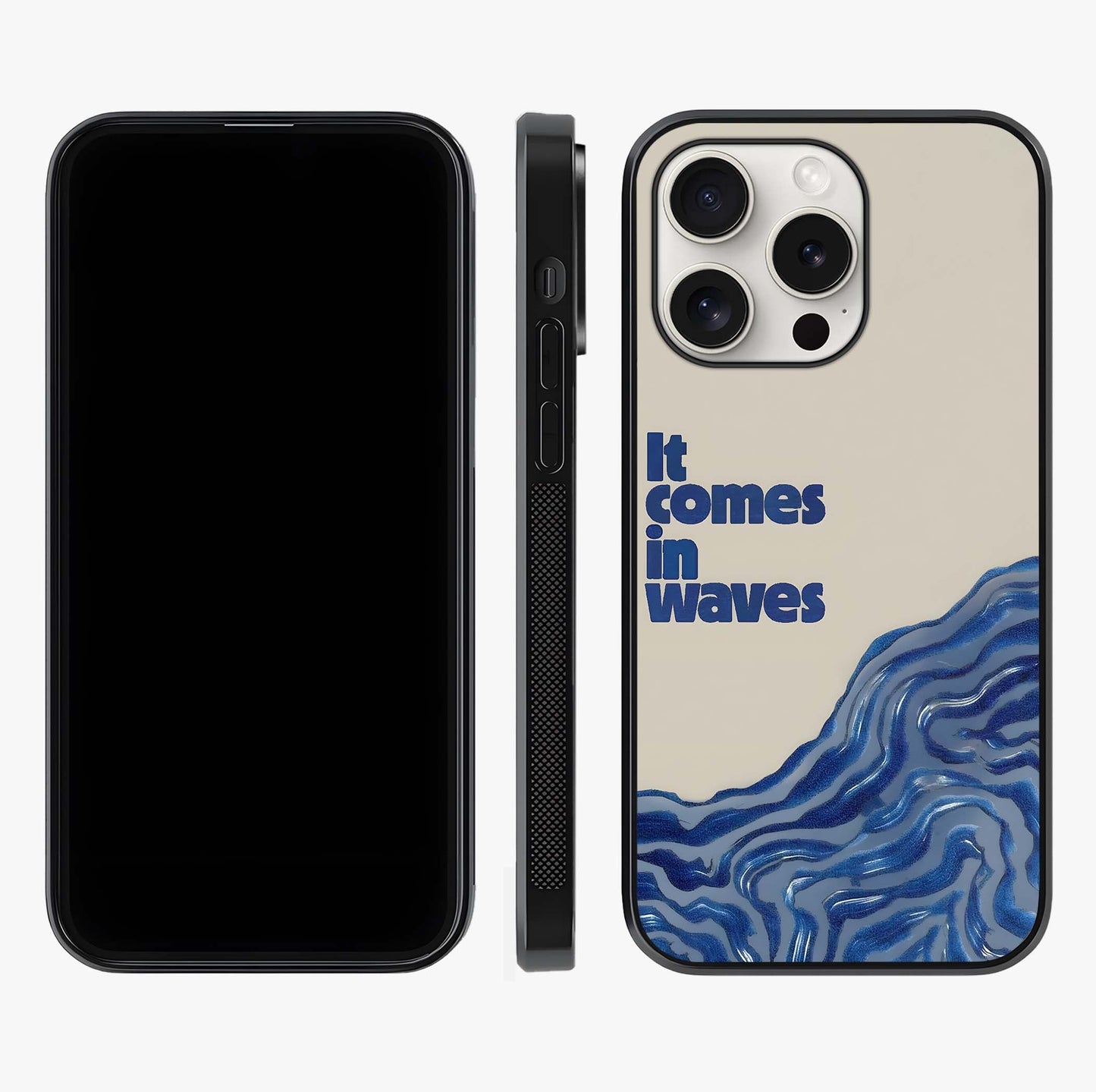It Comes In Waves Quote Glass Case displayed upright for full design visibility and premium finish.