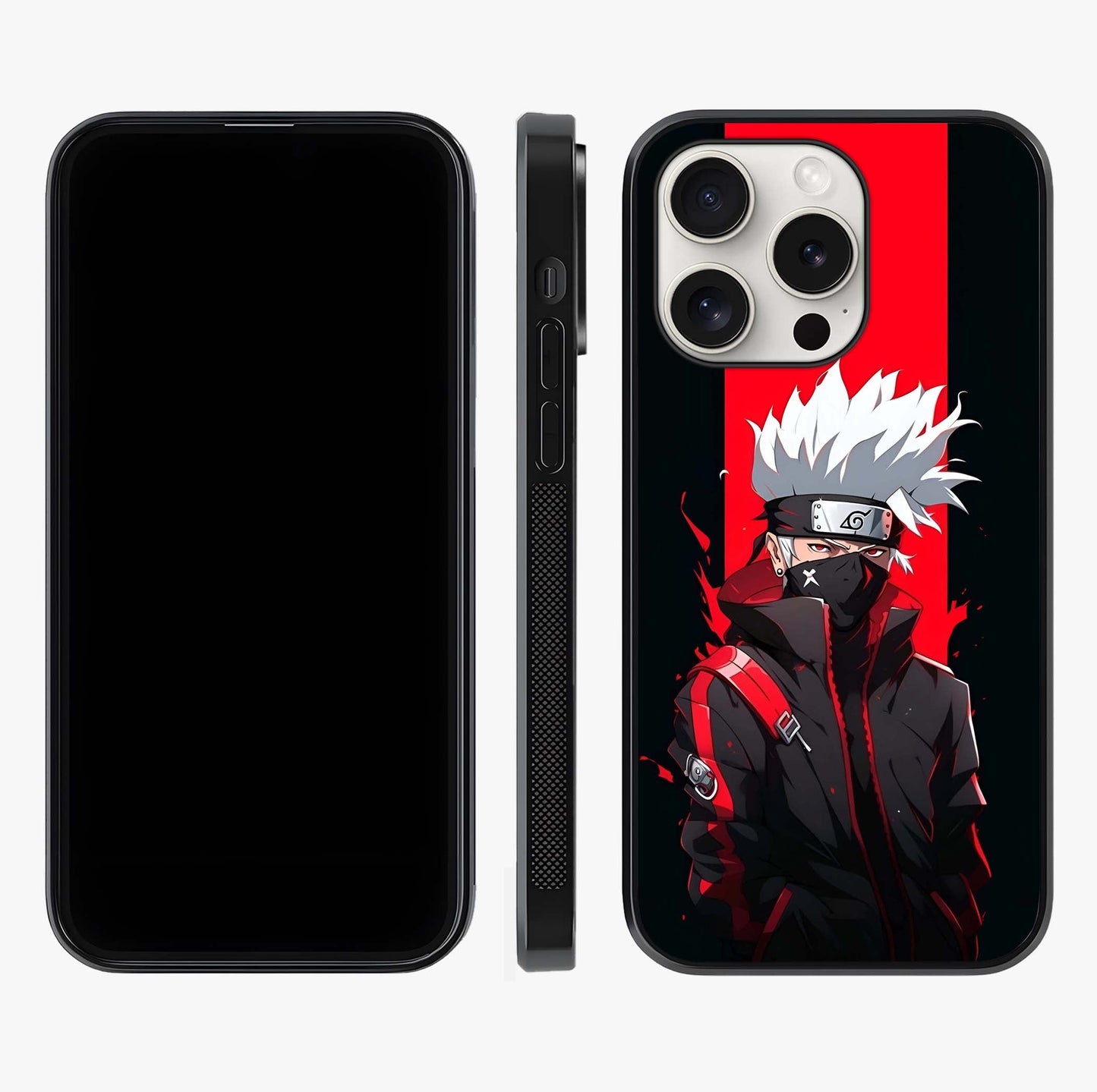 Kakashi Scarlet Shadow Glass Case displayed upright for full design visibility and premium finish.
