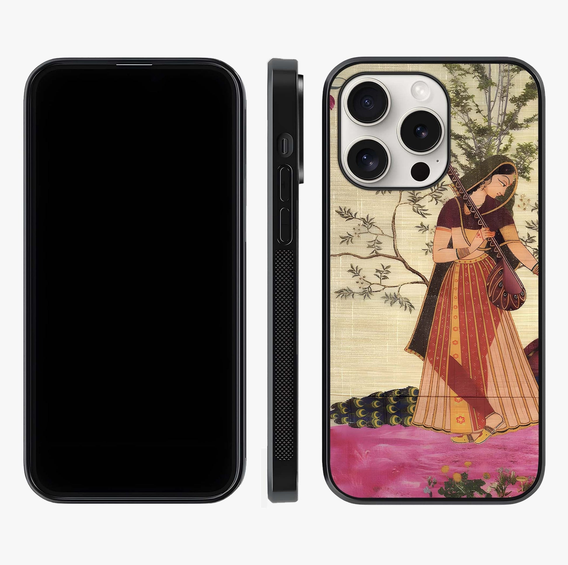 Lady With Veena Art Glass Case displayed upright for full design visibility and premium finish.