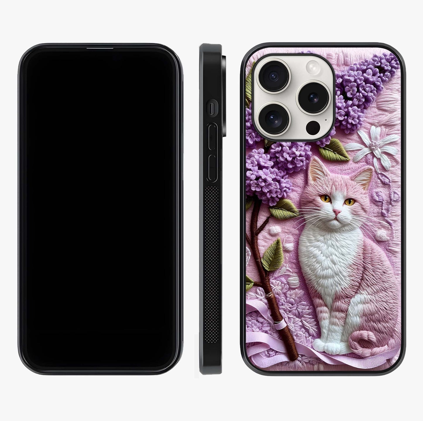 Lavender Cat Whimsy Glass Case displayed upright for full design visibility and premium finish.