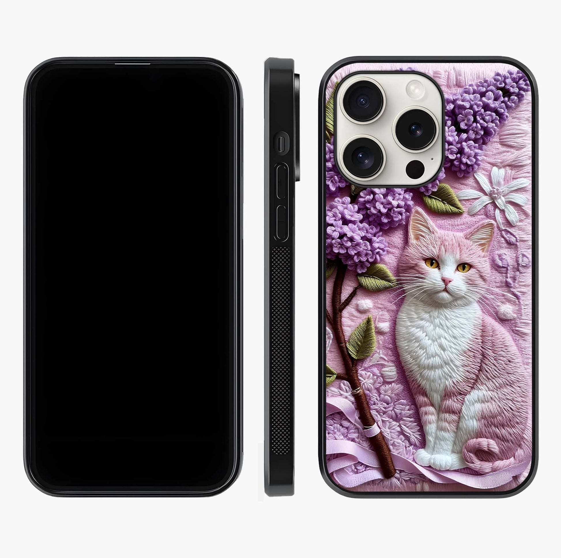 Lavender Cat Whimsy Glass Case displayed upright for full design visibility and premium finish.