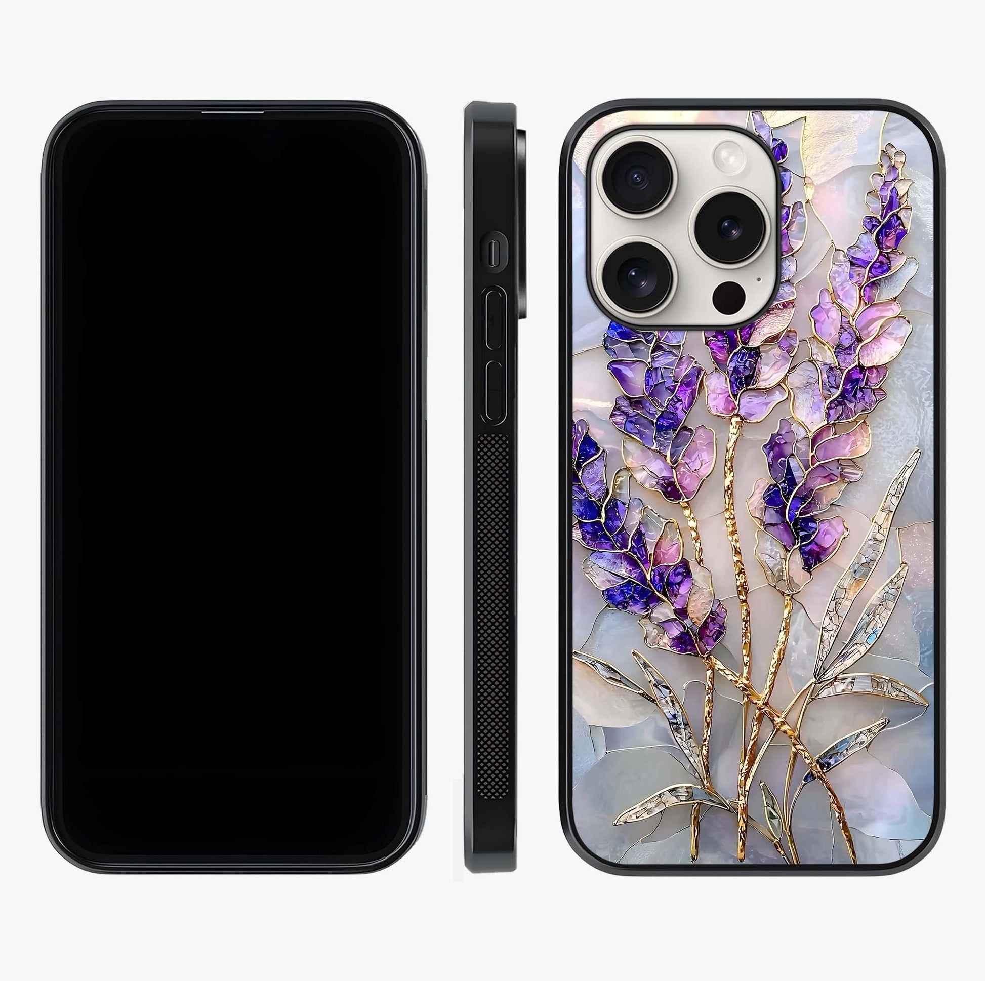Lavender Dream Glow Glass Case displayed upright for full design visibility and premium finish.